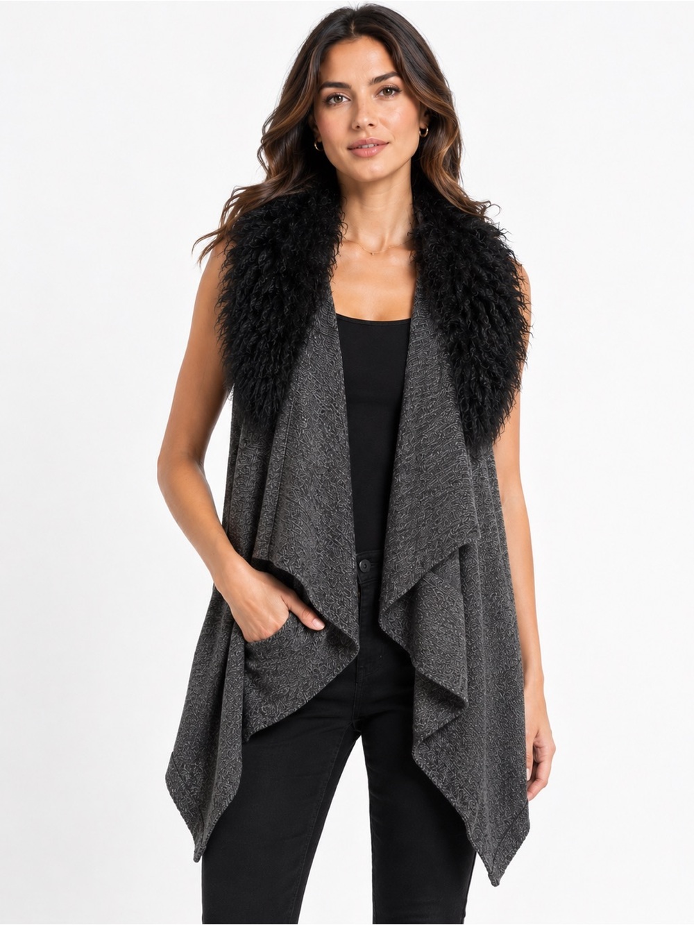 Elie Tahari Gray Wool Knit Mongolian Lamb Fur Trim Vest Wrap Cardigan